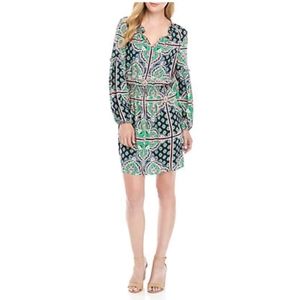 Long Sleeve Ruffle Split Neck Printed Peasant Dres